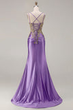 Sparkly Black Beaded Floral Satin Appliqued Long Corset Prom Dress with Slit