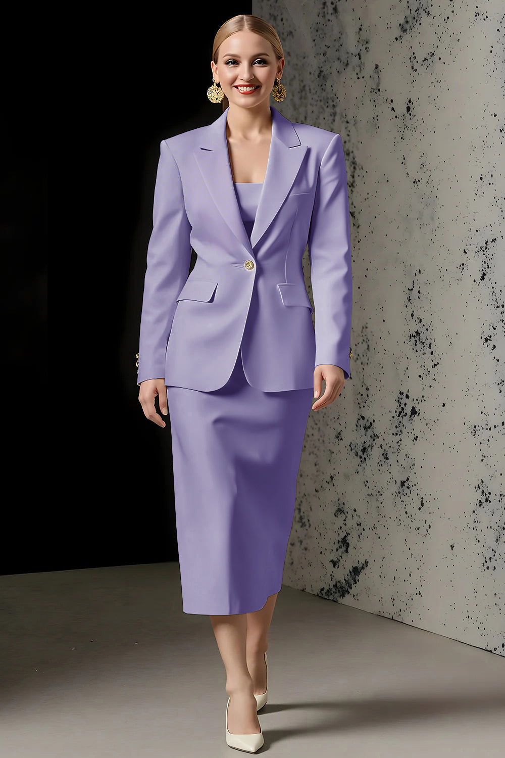 Ivory 2 Piece Pencil Satin Peak Lapel Midi Business Suits