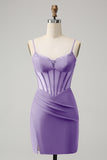 Glitter Fuchsia Beaded Corset Tight Short Homecoming Dress with Slit