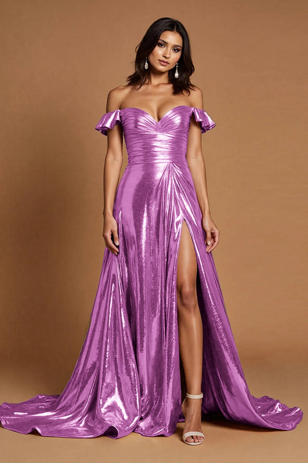 Sparkly Golden A Line Metallic Off the Shoulder Long Prom Dress with Slit