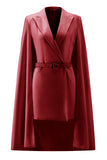 White Satin Peak Lapel Cape Short Work Blazer Dress with Belts