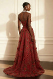Purple Strapless A Line Floral Corset Long Prom Dress