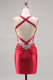 Sparkly Dark Green Corset Tight Satin Short Homecoming Dress with Beading
