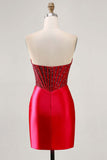 Sparkly Fuchsia Tight Satin Corset Short Homecoming Dress with Beading