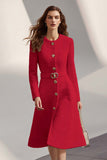 Ivory Long Sleeves Round Neck Tweed Midi Work Dress with Belt