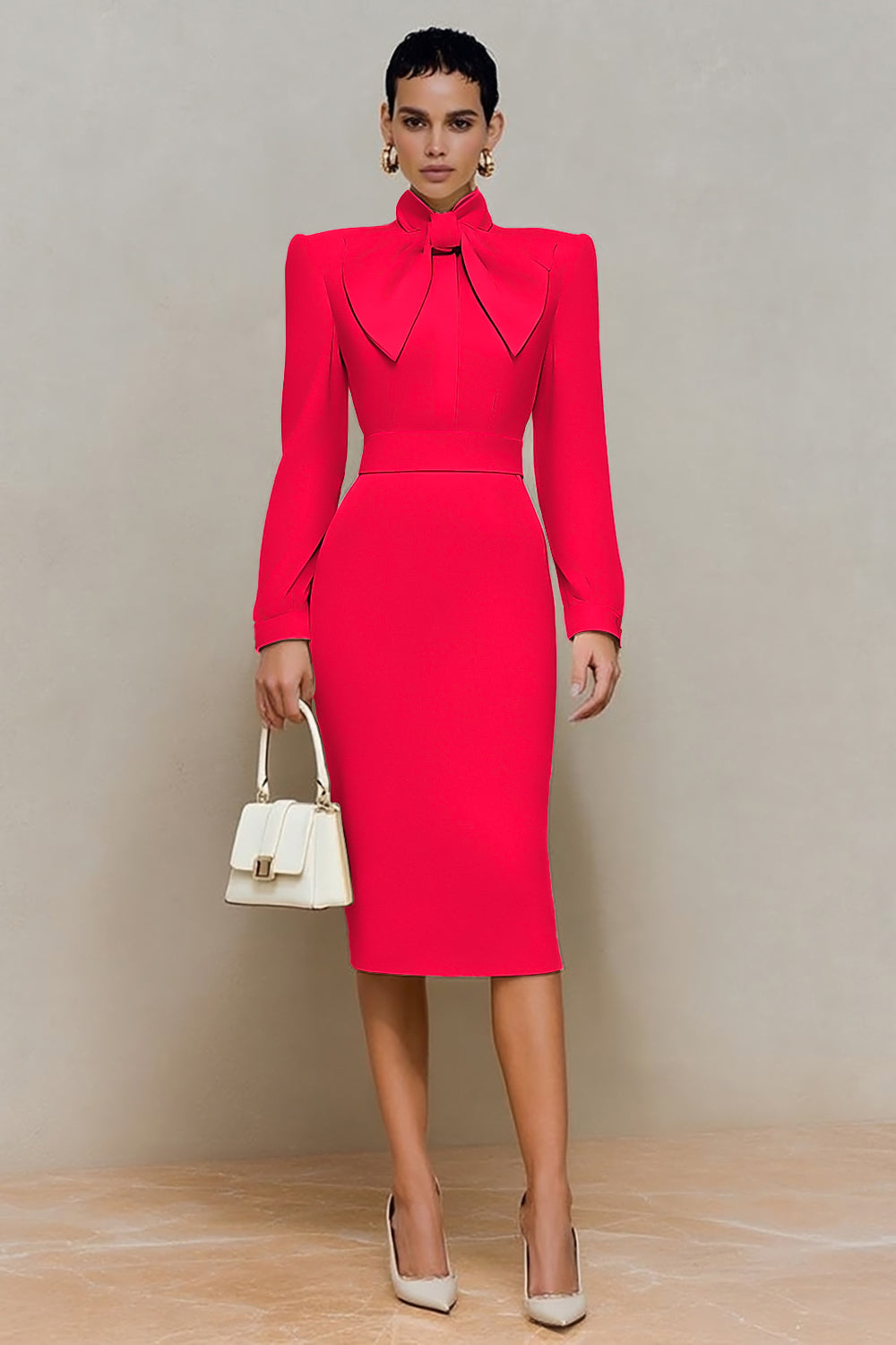 Ivory High Neck Pencil Long Sleeves Work Dress with Bow