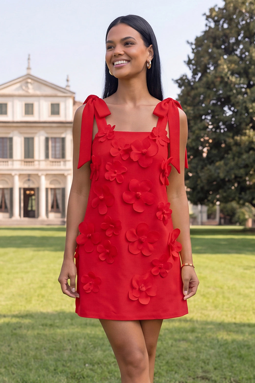 Pink Short Floral Thick Straps A Line Homecoming Dress with Bows