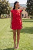 Butter Yellow Short Floral Round Neck Homecoming Dress with Sleeves