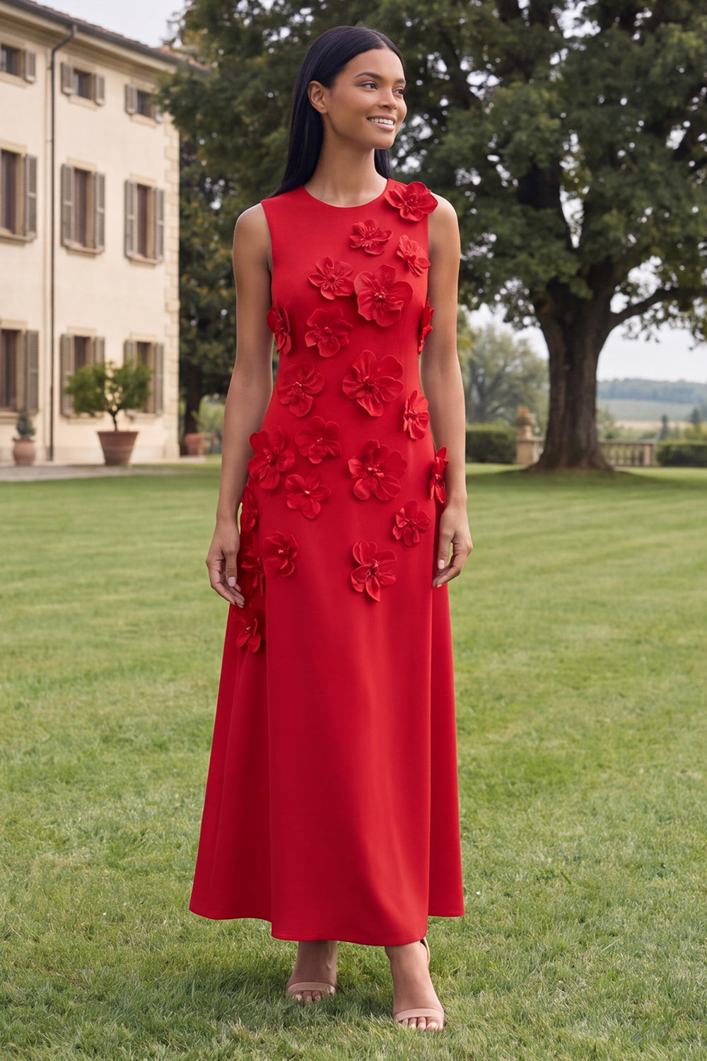 Hot Pink A Line Round Neck Floral Maxi Wedding Guest Dress