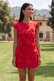 Butter Yellow Short Floral Round Neck Homecoming Dress with Sleeves