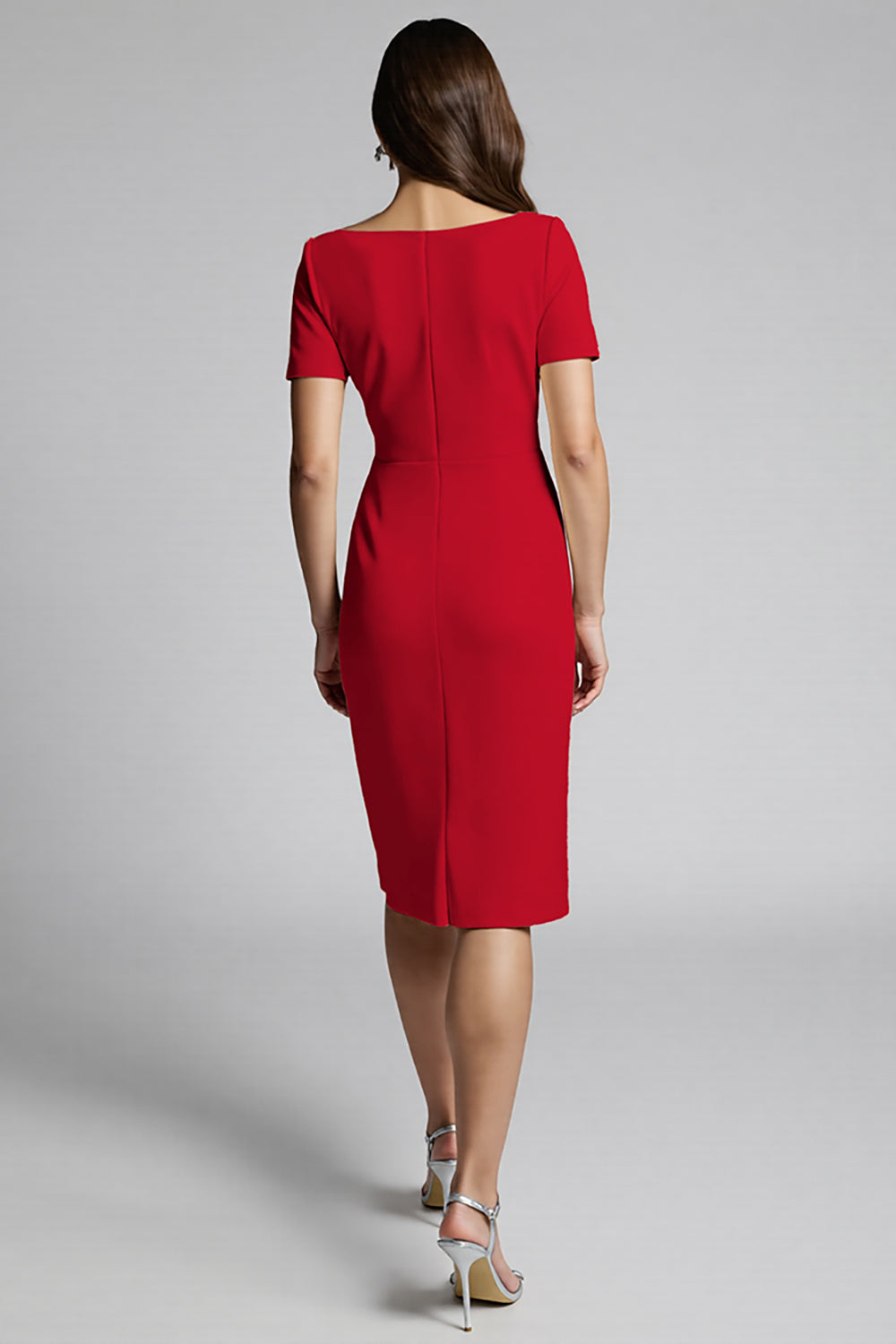 Champagne Bodycon Ruffled Midi Satin Work Dress with Short Sleeves