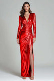 Sparkly Gold Metallic V-Neck Ruched Long Formal Dress with Slit