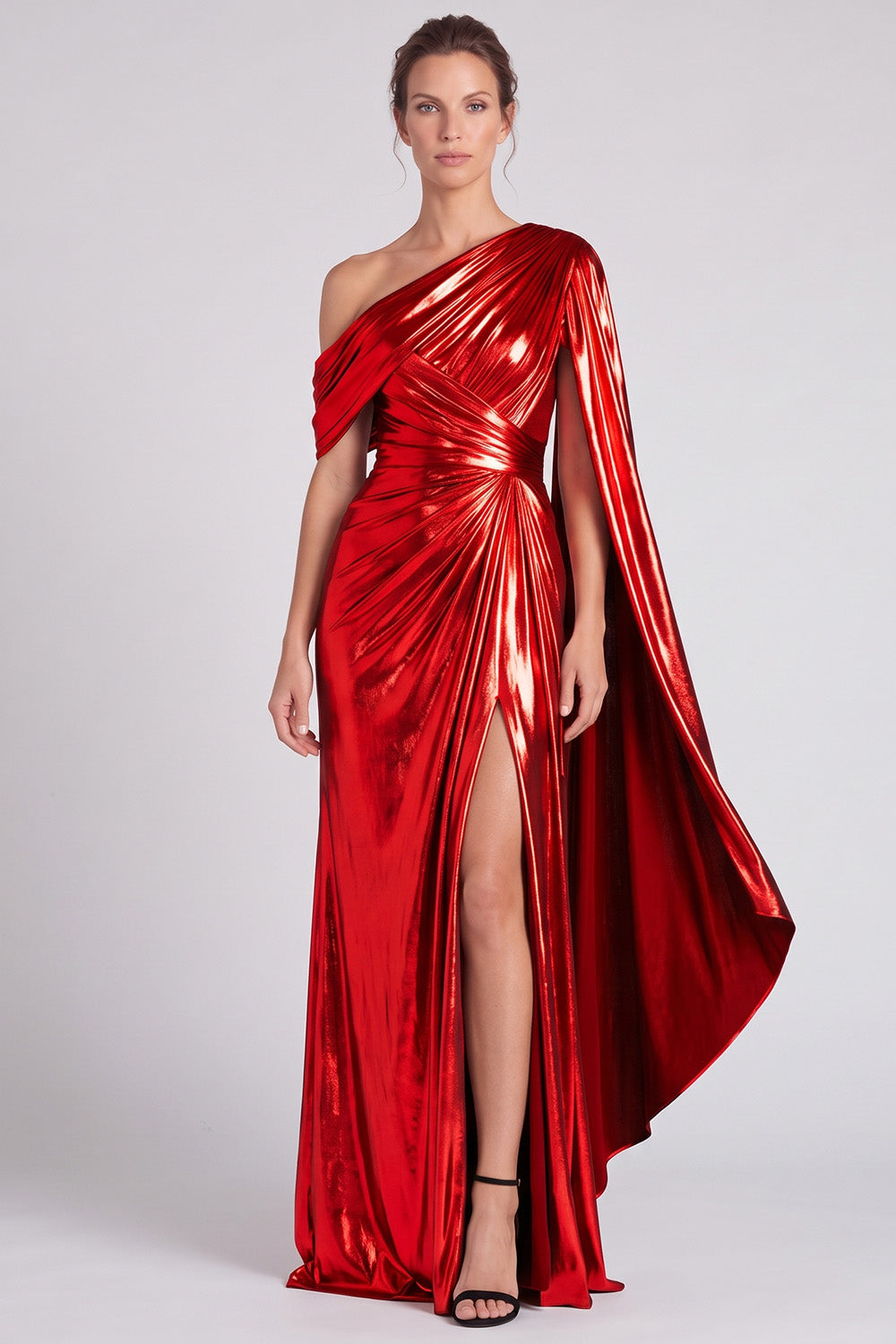 Gold Metallic One Shoulder Sheath Ruched Long Formal Dress with Slit