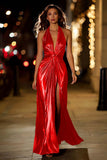 Sparkly Gold Halter Metallic Ruched Long Formal Dress with Slit