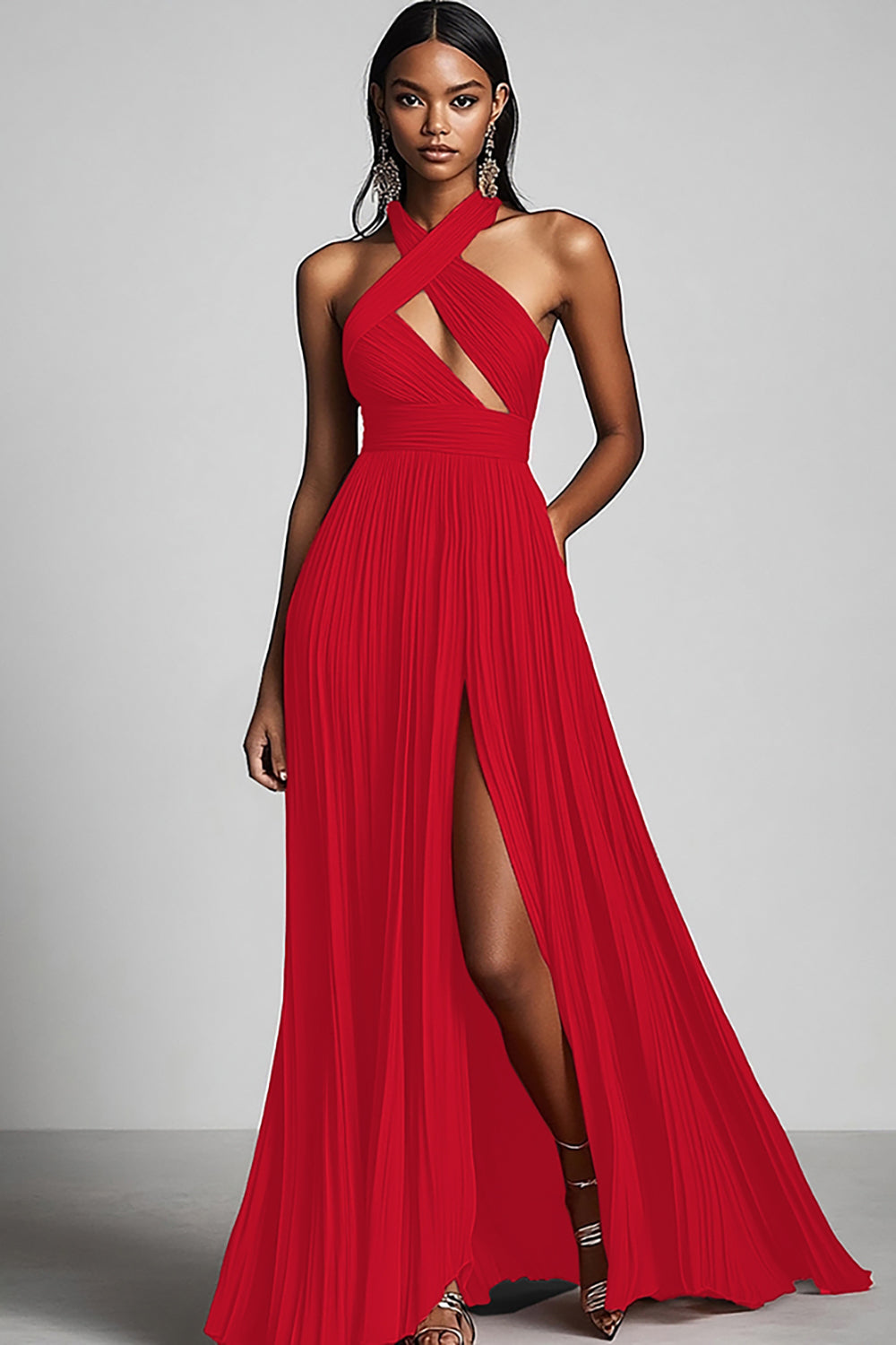 Black A Line Pleated Halter Neck Long Formal Dress with Slit