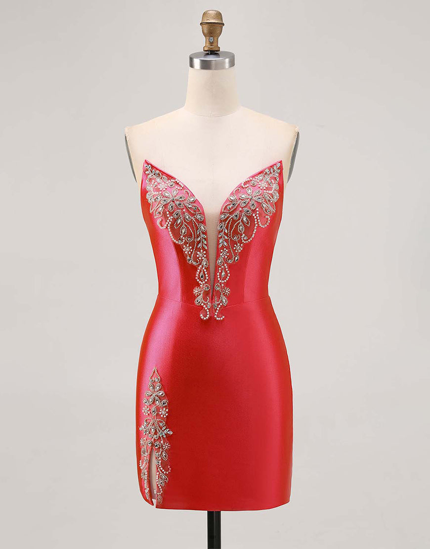 Sparkly Fuchsia Satin Tight Strapless Short Homecoming Dress with Rhinestones