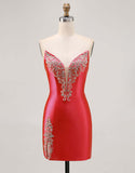Sparkly Fuchsia Satin Tight Strapless Short Homecoming Dress with Rhinestones