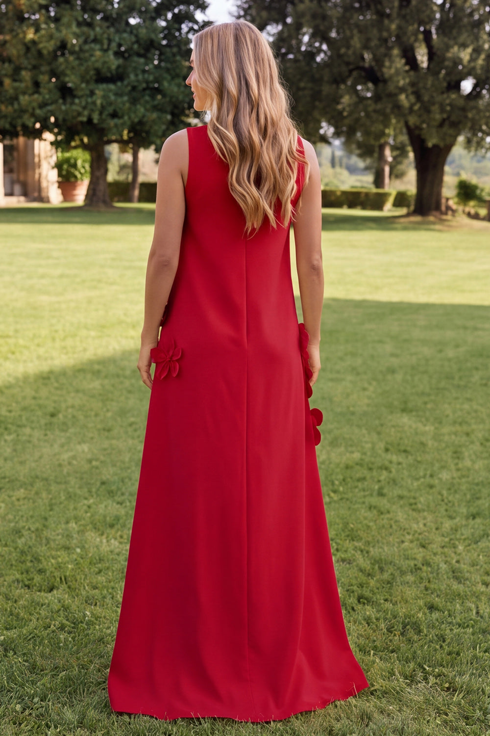 Blue A Line High Neck Floral Long Wedding Guest Dress