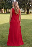 Blue A Line High Neck Floral Long Wedding Guest Dress