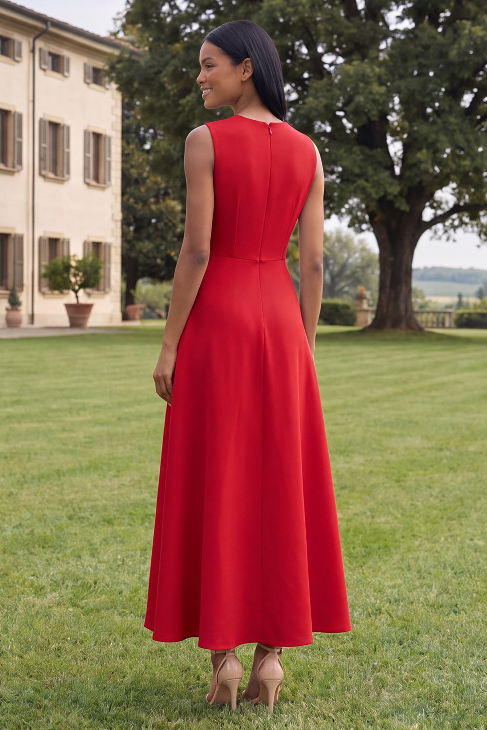 Hot Pink A Line Round Neck Floral Maxi Wedding Guest Dress