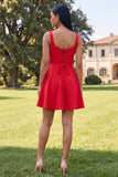 Blue Short Floral Square Neck A Line Homecoming Dress with Pockets