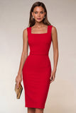 Square Neck Knee Length Navy Pencil Work Dress