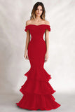 Black Mermaid Off the Shoulder Long Tiered Formal Dress