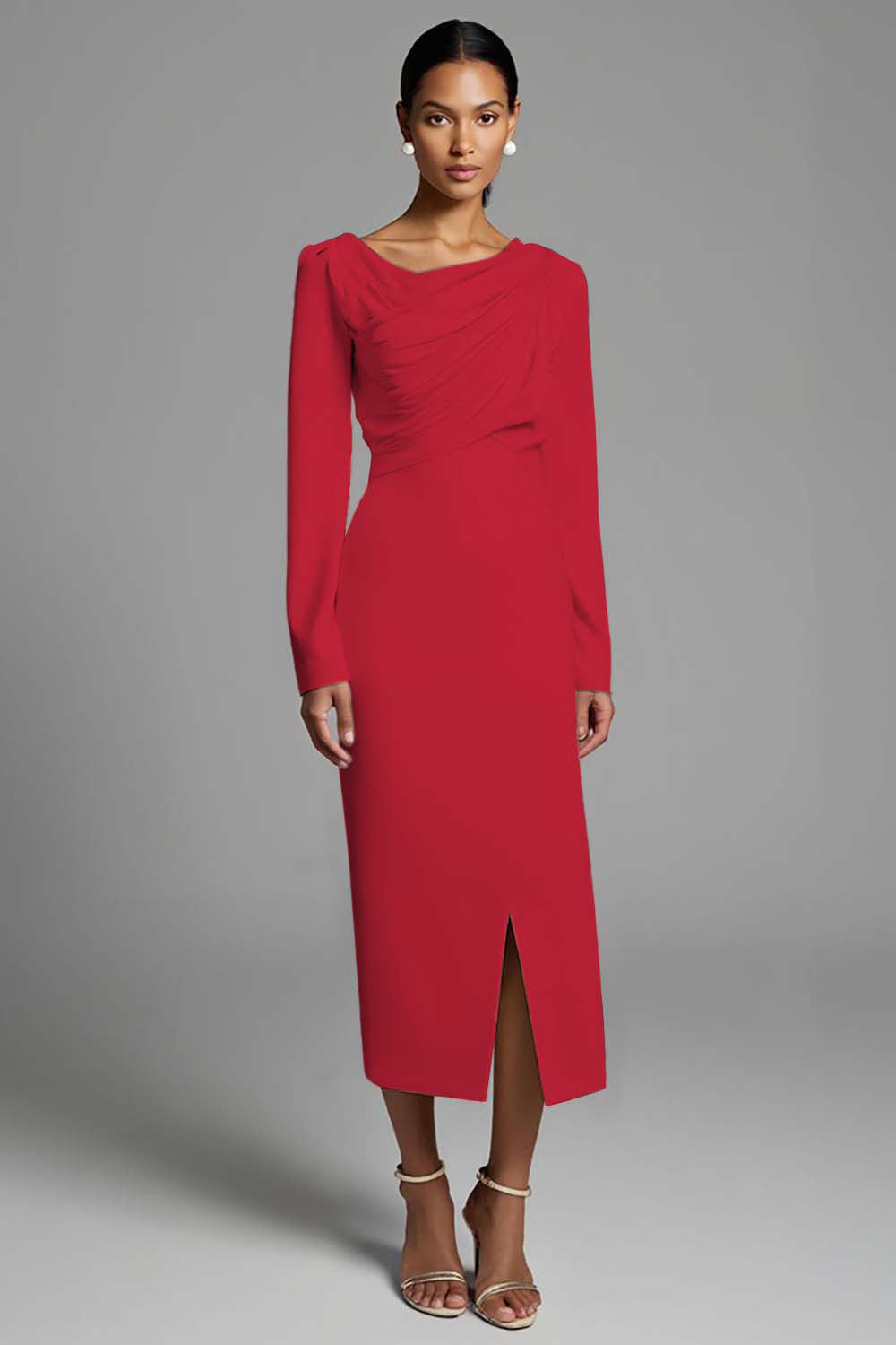 Ivory Ruched Pencil Long Sleeves Work Dress with Slit