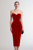 Burgundy Sheath Sweetheart Corset Midi Velvet Holiday Party Dress