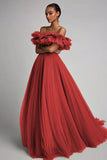 Dusty Sage Off the Shoulder Long Tulle Formal Dress with Ruffles