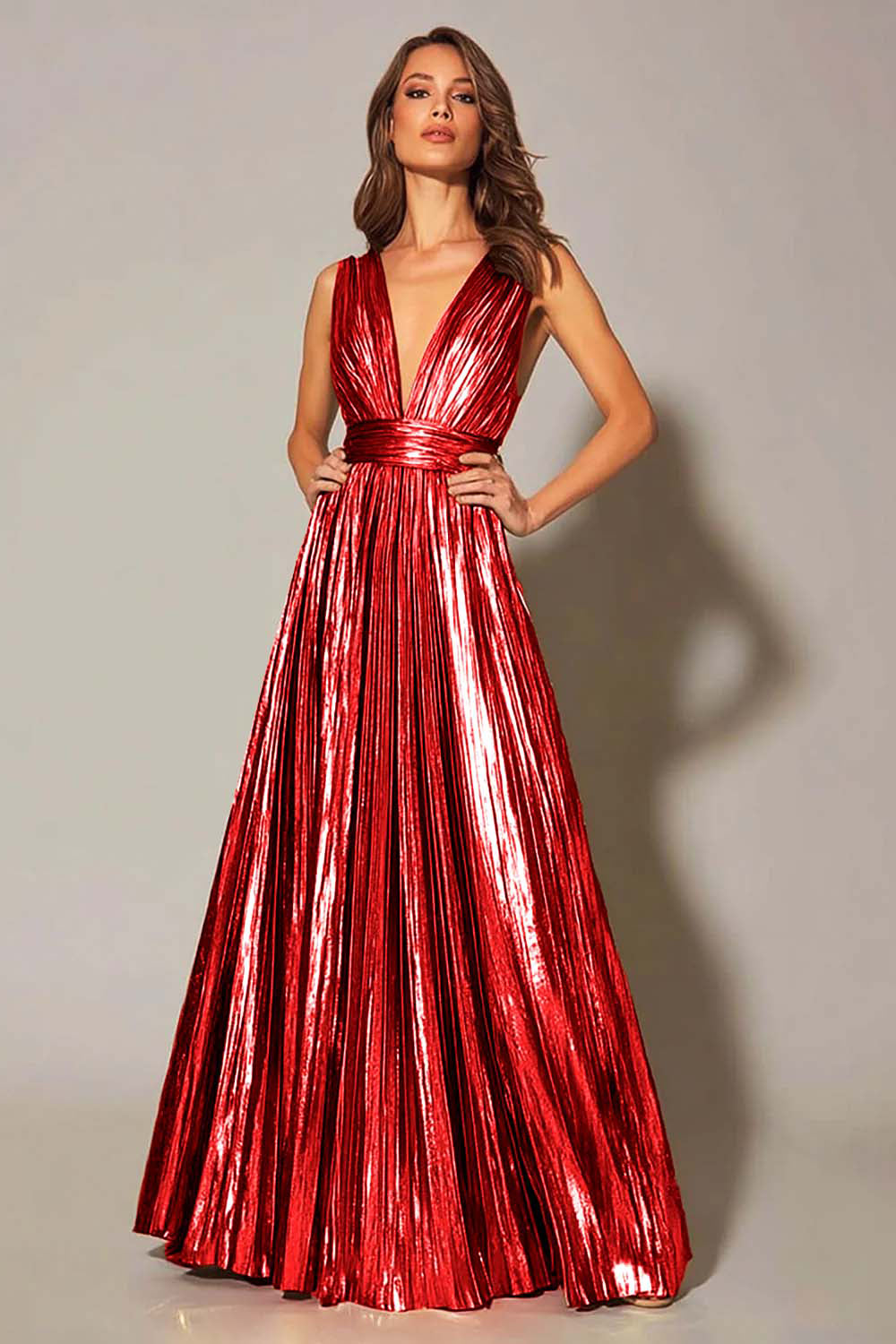 Sparkly Gold Metallic Pleated A-Line V-Neck Long Formal Dress
