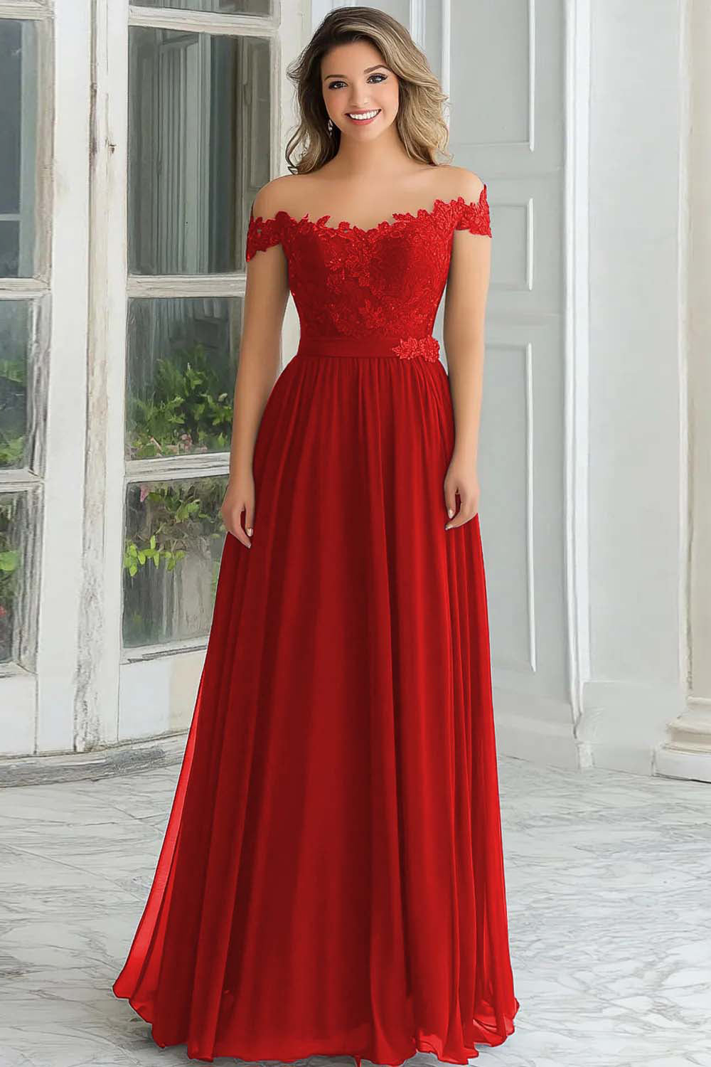 Elegant A-Line Navy Off the Shoulder Chiffon Long Mother Of the Bride Dress with Lace Appliques
