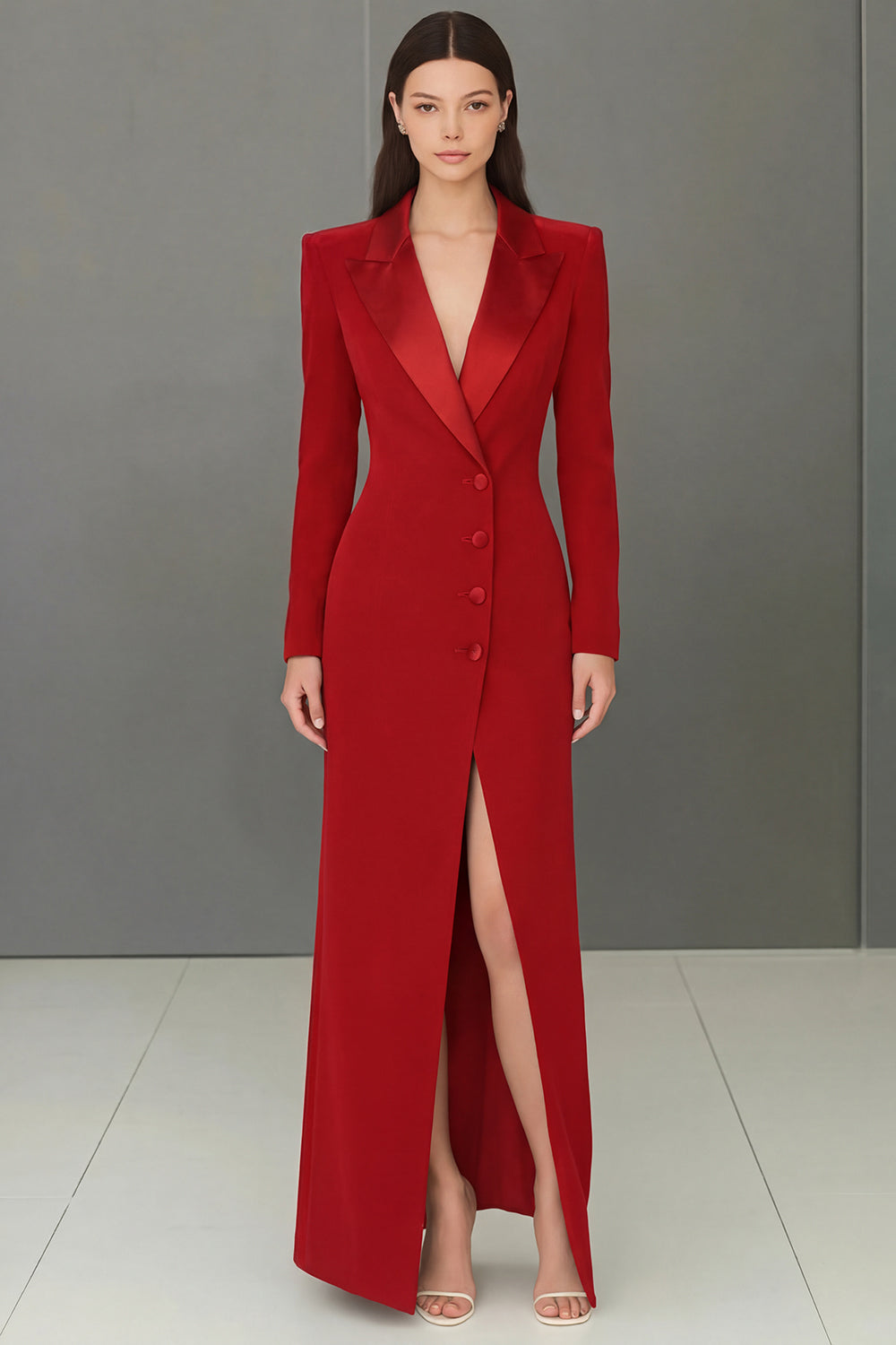 Navy Velvet Peak Lapel Single Breasted Long Blazer Dress with Slit
