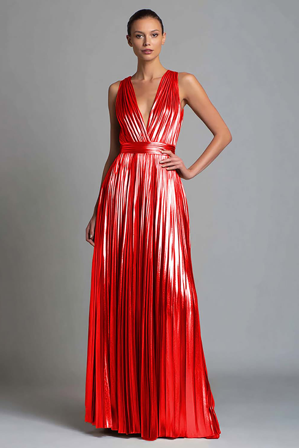 Sparkly Gold A-Line Metallic Pleated V-Neck Long Formal Dress