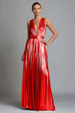 Sparkly Gold A-Line Metallic Pleated V-Neck Long Formal Dress