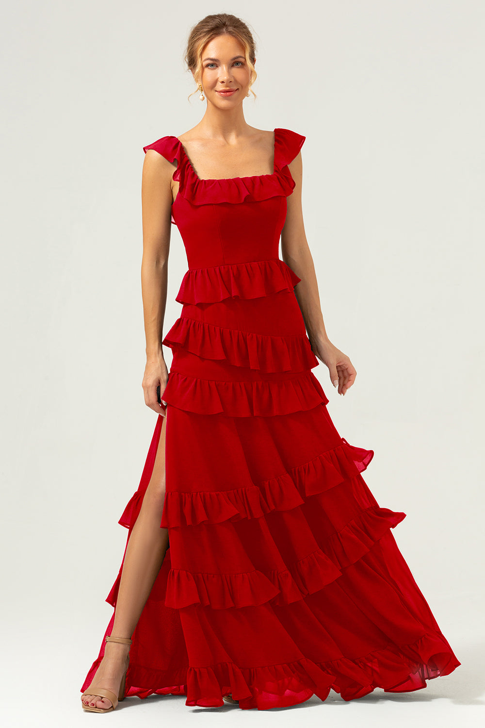 Burgundy A-Line Ruffleed Chiffon Long Bridesmaid Dress with Slit