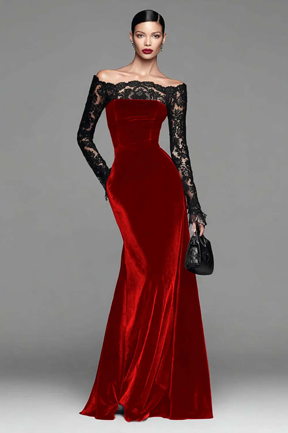 Zapakasa Women Burgundy Velvet Long Sleeves Formal Dress with Lace Off