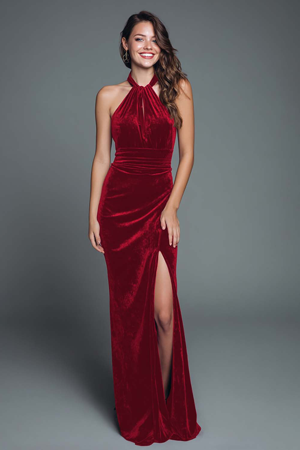 Burgundy Halter Velvet Mermaid Long Holiday Party Dress with Slit