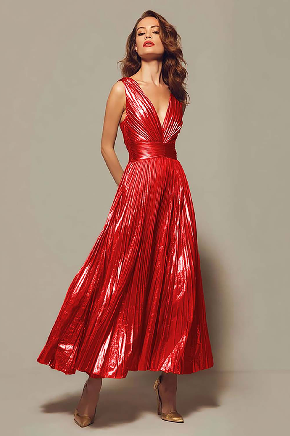 Sparkly Gold Metallic Pleated V-Neck A-Line Long Formal Dress