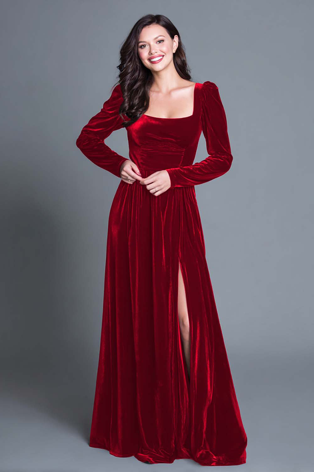 Burgundy A-Line Long Sleeves Velvet Long Holiday Party Dress with Slit