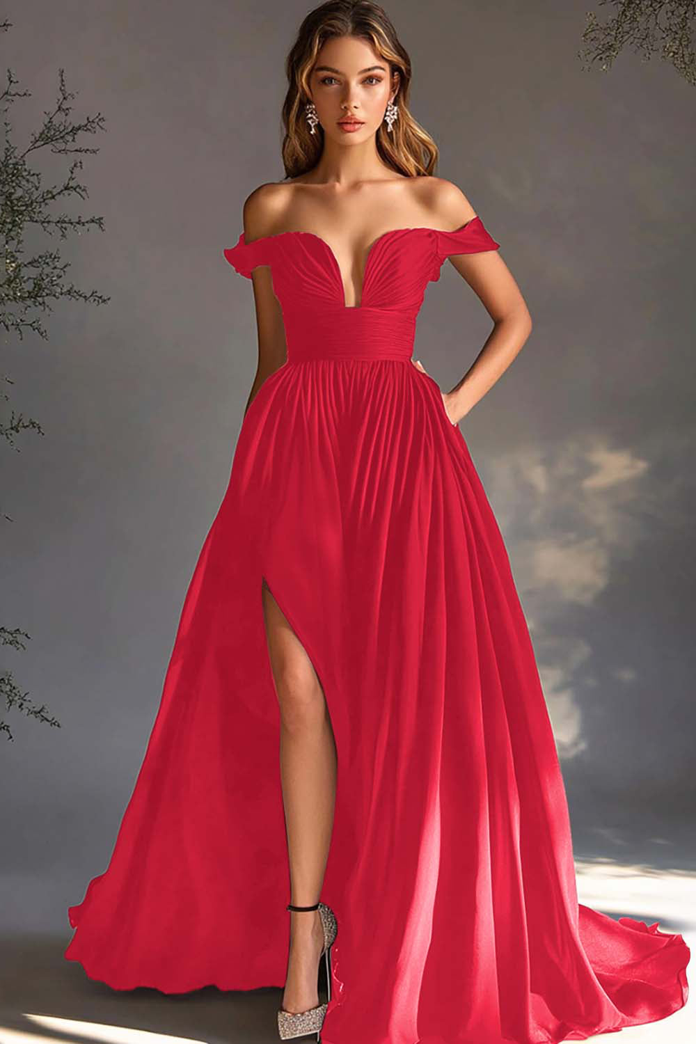 A Line Chiffon Pleated Long Off the Shoulder Formal Dress with Slit