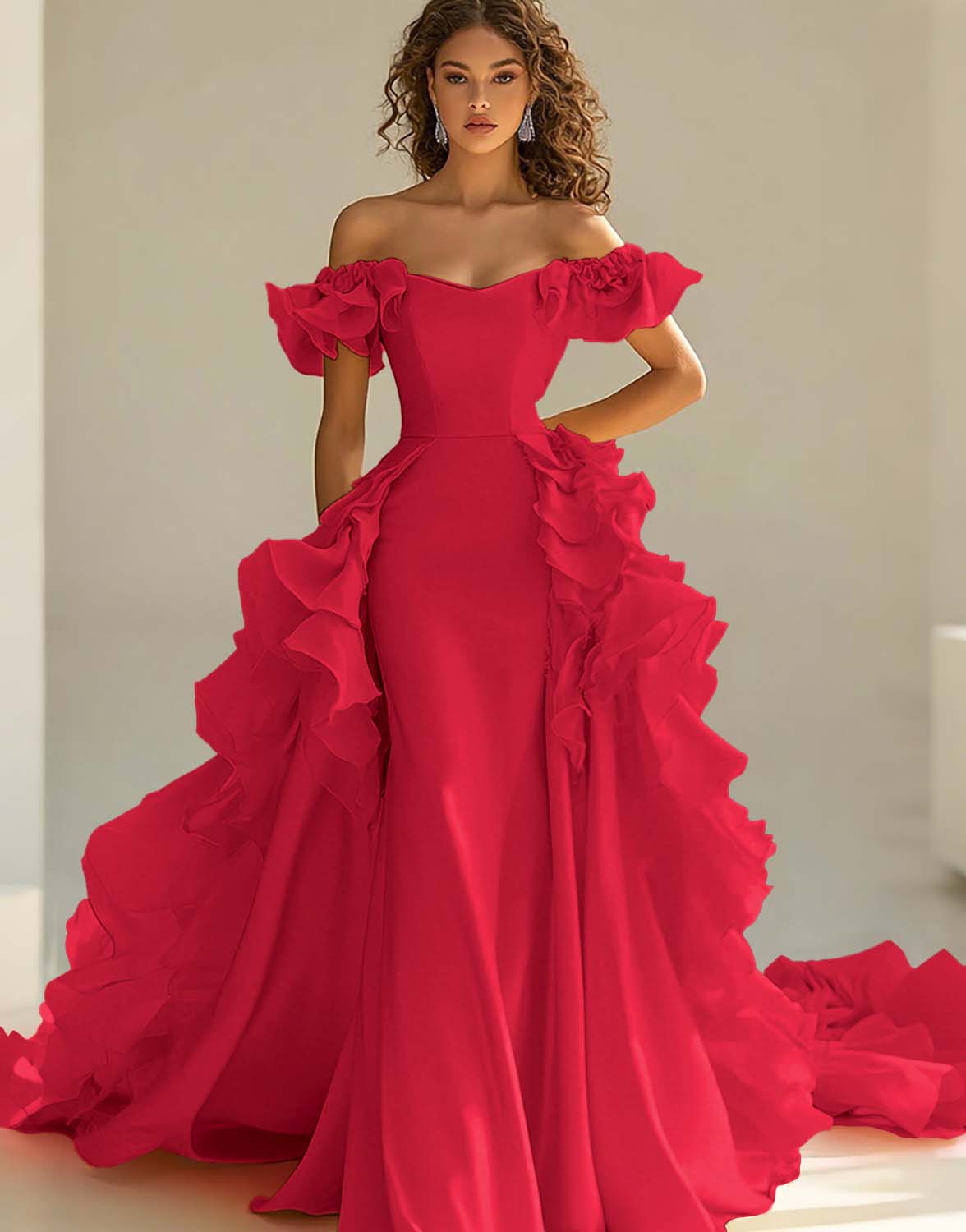 Yellow Satin Long Off the Shoulder Prom Dress with Ruffles
