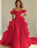 Yellow Satin Long Off the Shoulder Prom Dress with Ruffles