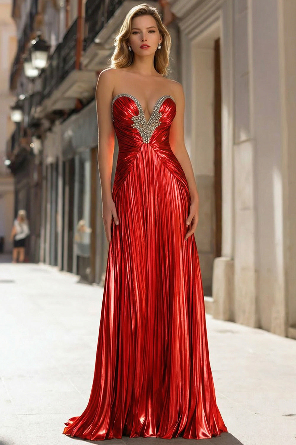 Sparkly Gold Metallic Pleated Strapless Long Prom Dress