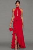 Long Black High Neck Formal Dress with Ruffles