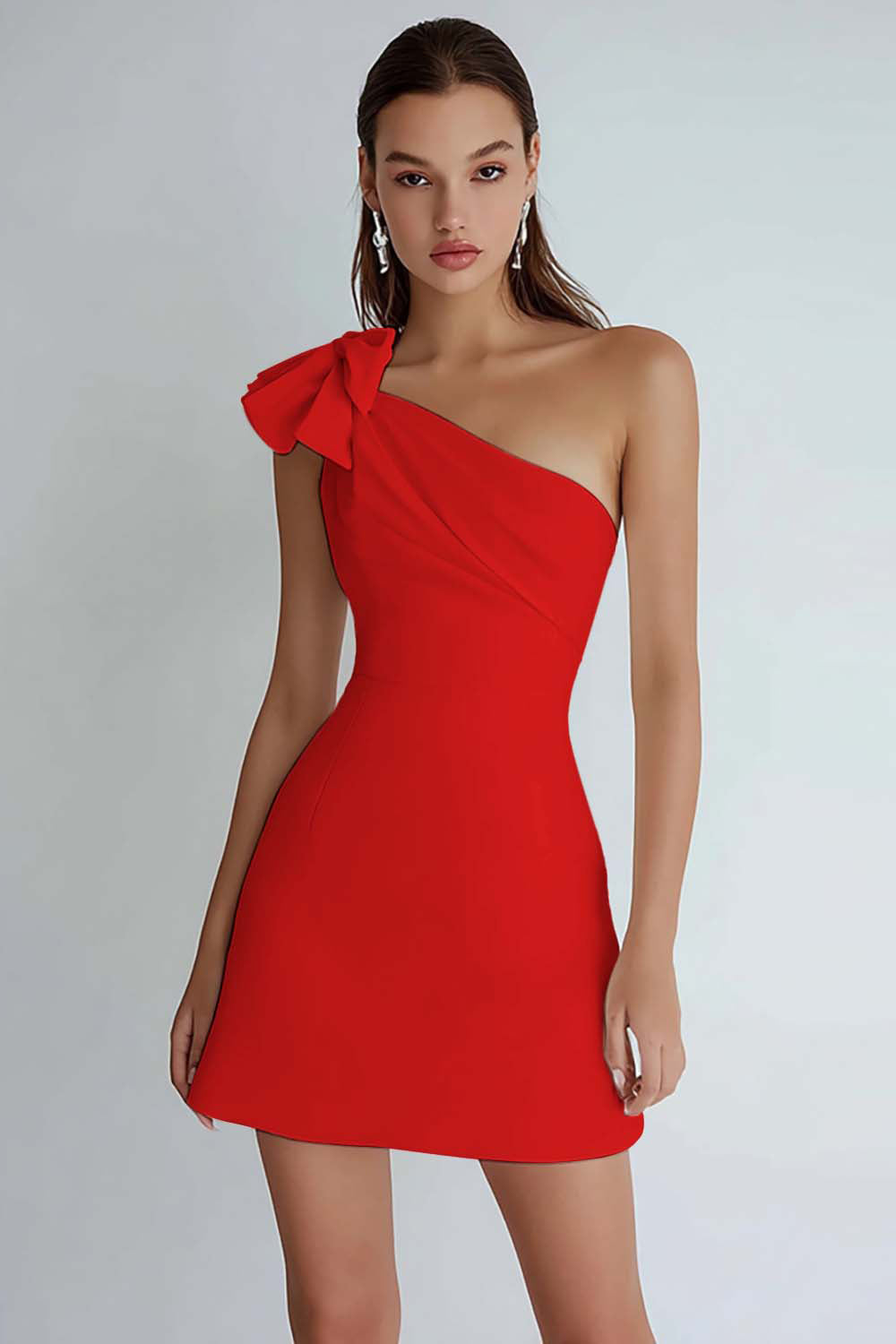 Ivory Satin One Shoulder Short A Line Graduation Dress with Bow