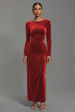 Navy Velvet Boat Neck Sheath Long Holiday Party Dress with Sleeves