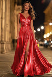 Sparkly Gold Metallic Ruched V-Neck A-Line Long Formal Dress with Slit