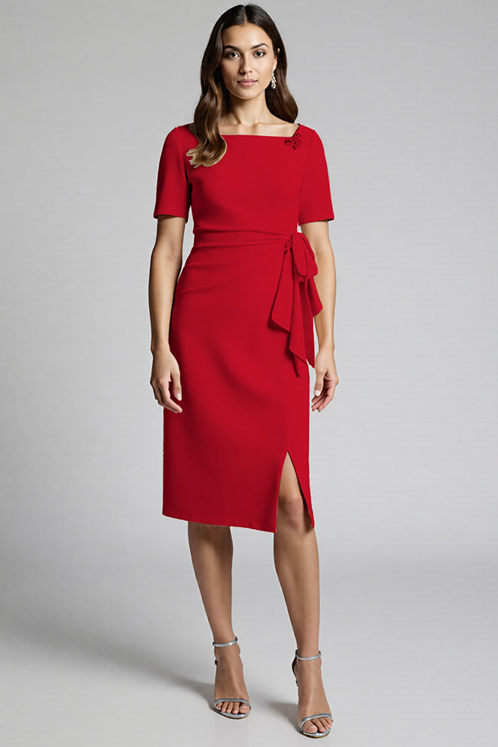 Champagne Bodycon Ruffled Midi Satin Work Dress with Short Sleeves