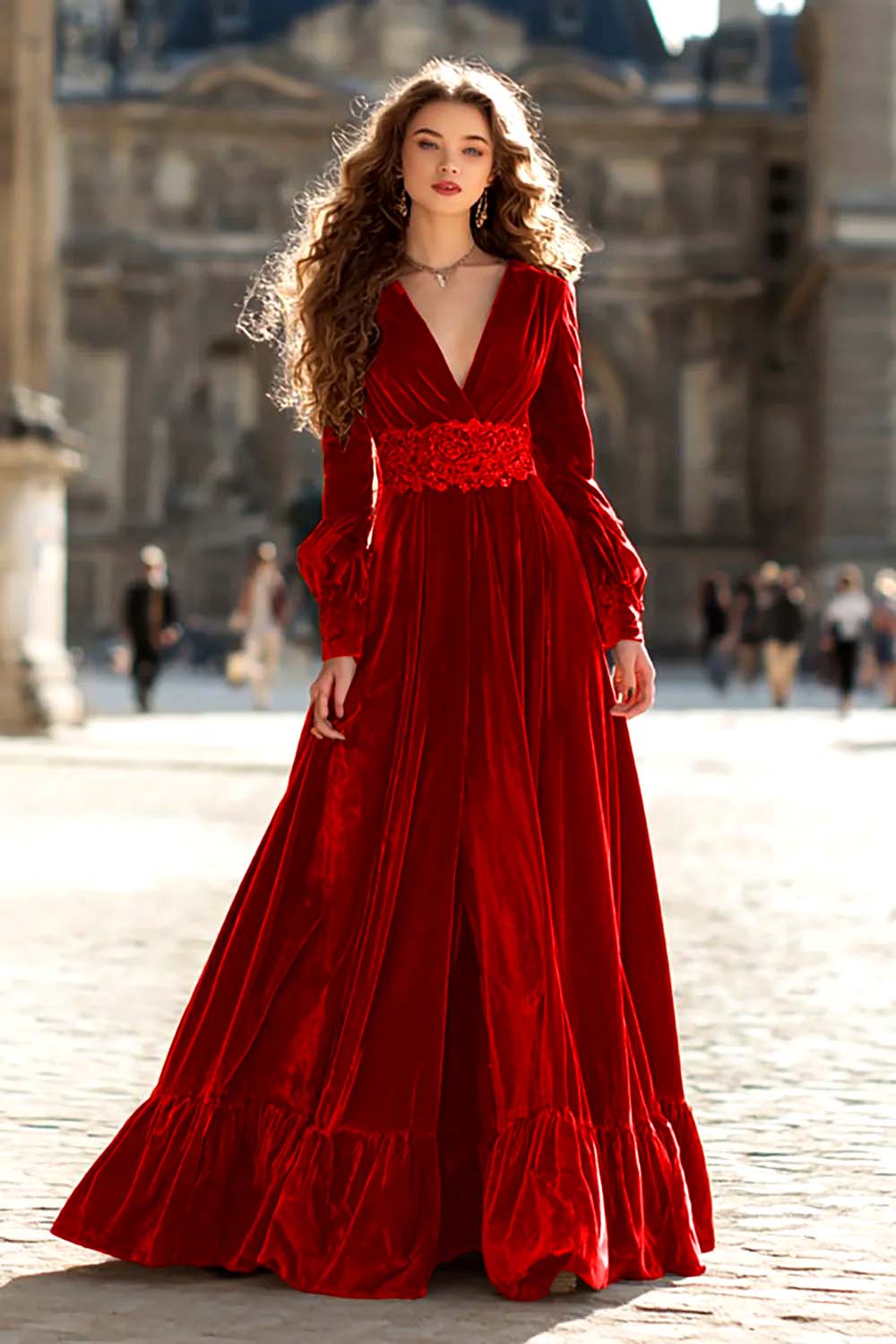 Zapakasa Women Brown Velvet Long Formal Dress with Sleeves A Line V-Neck Ruched Evening Dress with Ruffles Zapakasa Women Brown Velvet Long Formal Dress with Sleeves A Line V-Neck Ruched Evening Dress with Ruffles